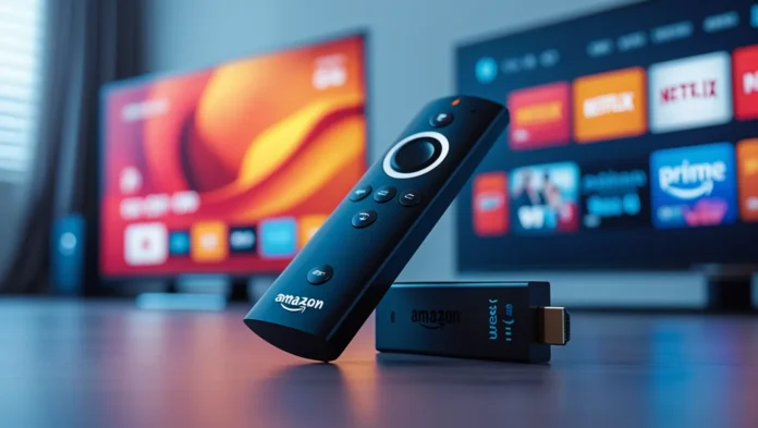 Amazon Fire TV Stick with multiple TVs in background.