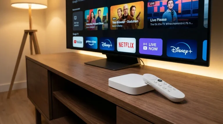 Google TV Streamer 4K set-top box on a media unit next to its Voice Remote with Google TV home screen visible on TV in background
