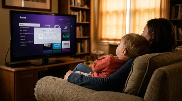 Parent setting up a Channel Store PIN on a Roku TV to block YouTube