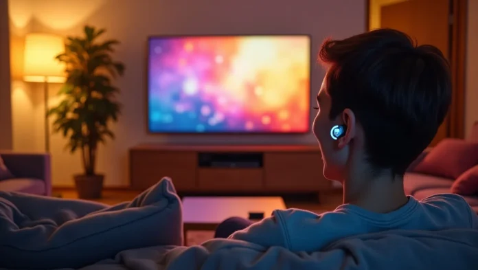 how-to-connect-earbuds-to-tv Person watching TV with wireless earbuds.