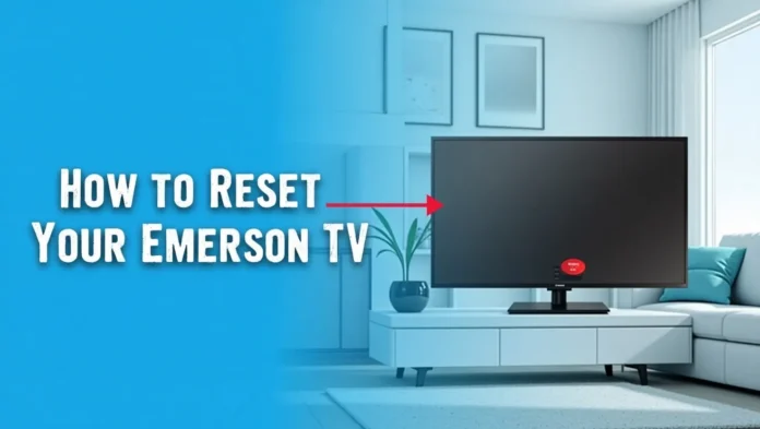 Emerson TV with reset button and text overlay