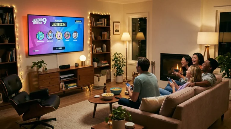 Friends playing Jackbox party games on a TV connected to a Roku streaming device