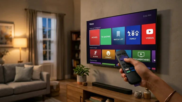Hand holding a Roku remote in front of a wall-mounted Roku TV