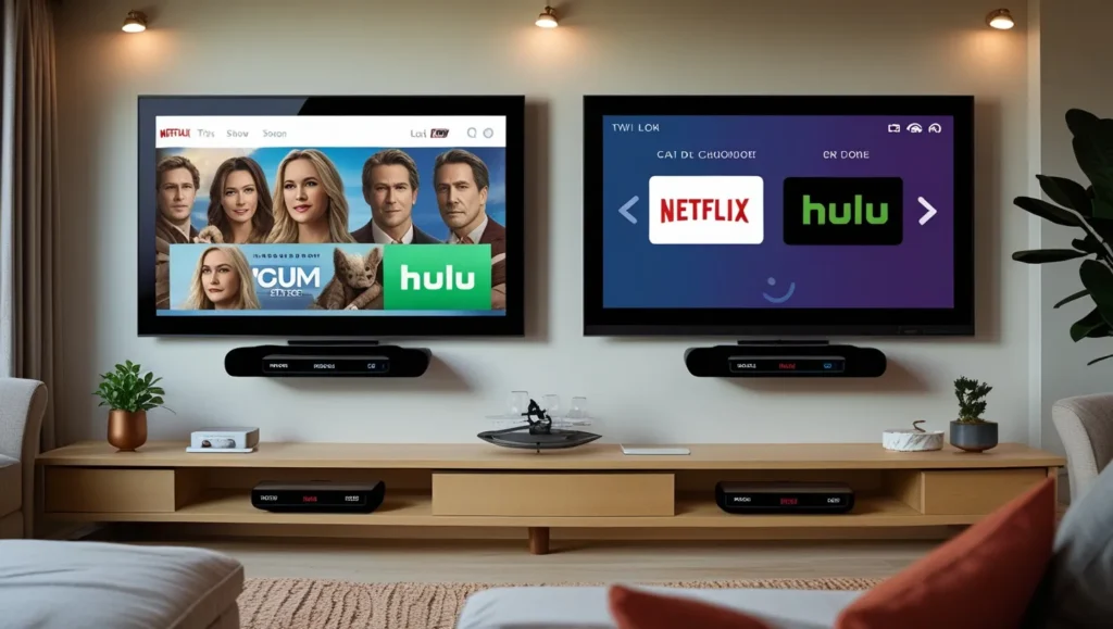 Two TVs streaming different content with Roku devices.