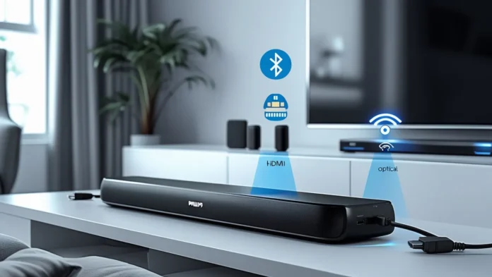 Professional setup showing Philips soundbar connected to Roku TV with connection cables