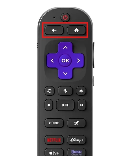 Close-up of Home and Back buttons on a Roku voice remote.