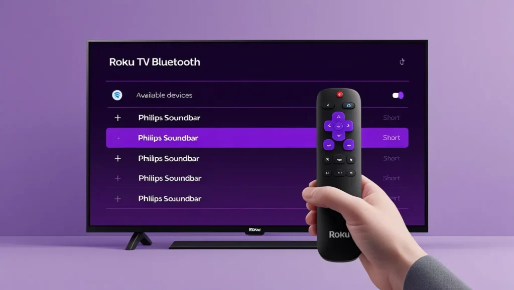 Roku TV Bluetooth settings screen with Philips soundbar in device list