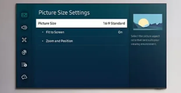 Samsung TV menu with picture size options