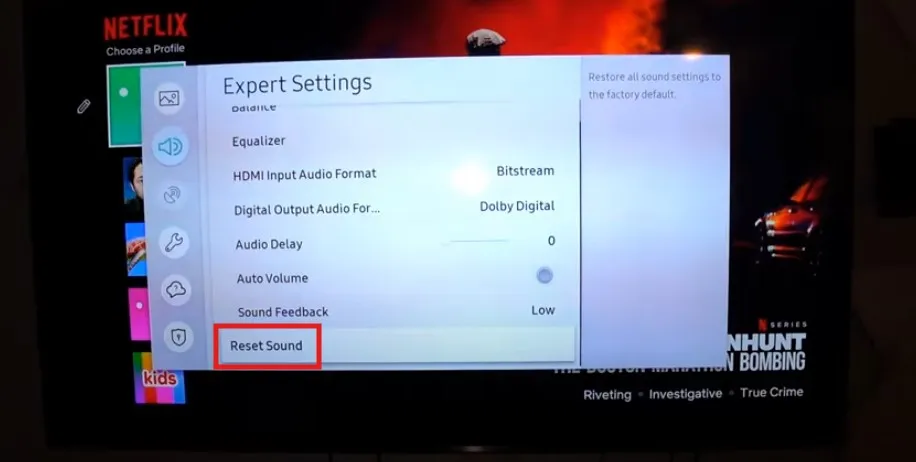 Screenshot of Samsung TV sound settings menu