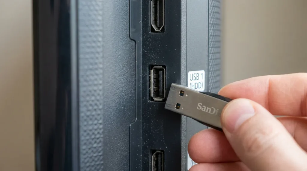 USB flash drive being inserted into the USB port of a Samsung TV for a firmware update