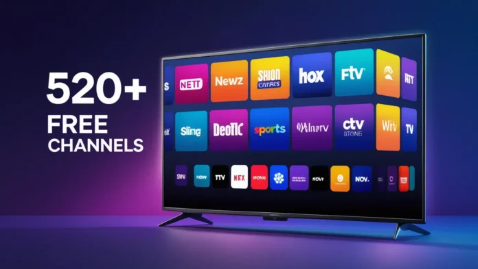 Sling Freestream thumbnail showing smart TV with 520+ free channels including news, sports, movies and international content