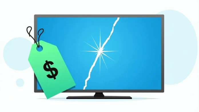Cracked flat-screen TV with dollar sign