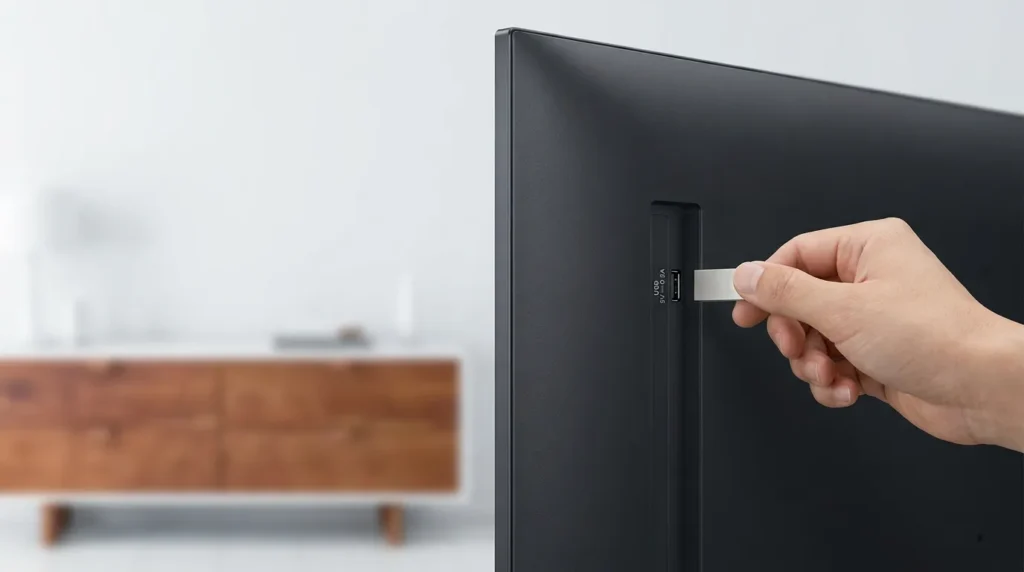 USB drive being inserted into Vizio TV USB port for firmware update