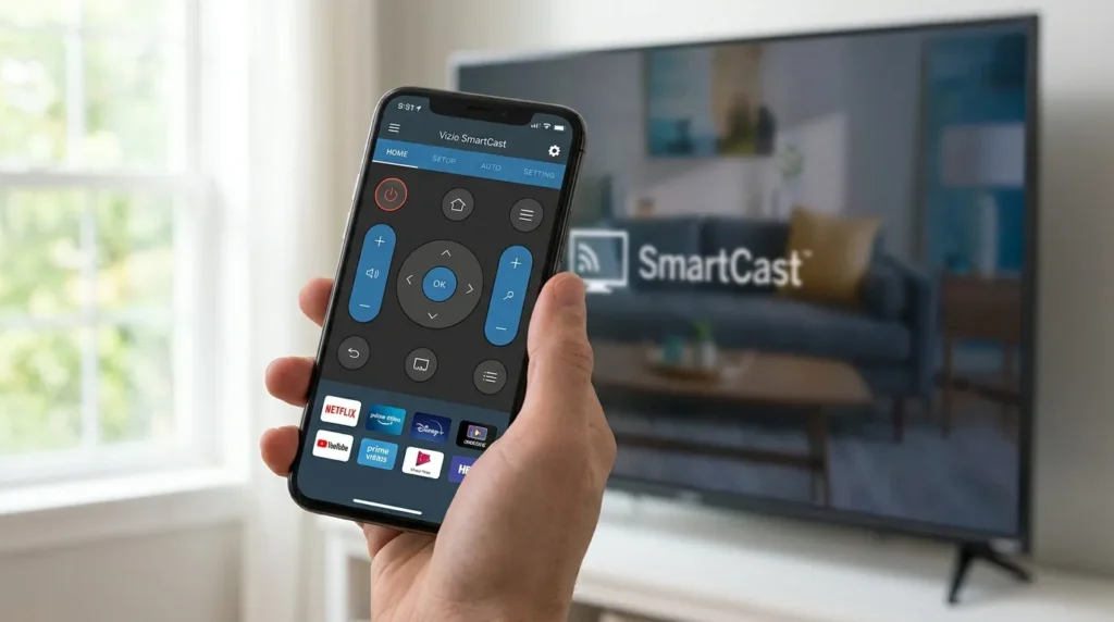 Vizio SmartCast app showing remote control interface on a smartphone