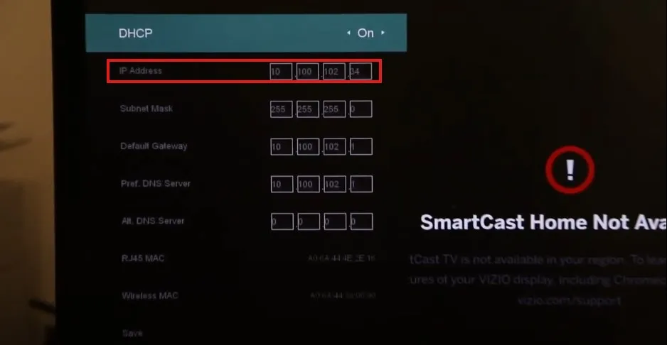 Screenshot of Vizio TV menu with IP address.