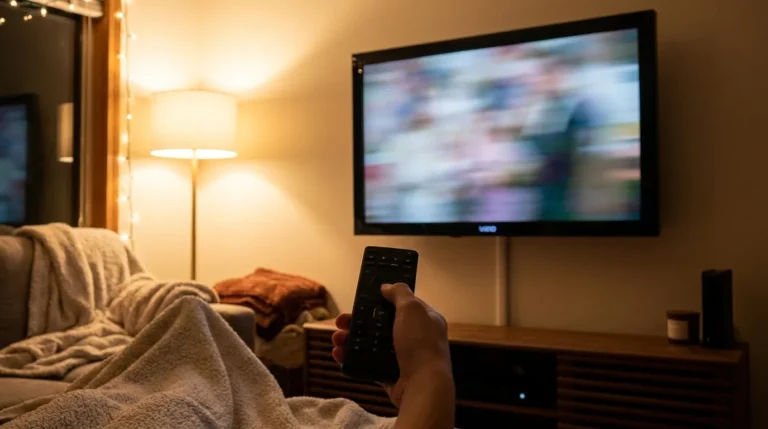 Person holding a Vizio remote trying to exit setup demo mode on a Vizio flat-screen TV
