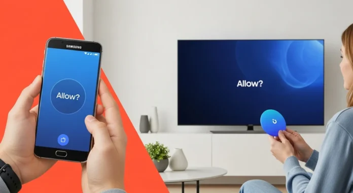 Person using smartphone to control Samsung TV.