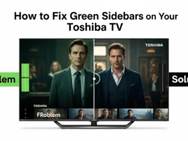 Split view of Toshiba TV with green sidebars and fixed black sidebars