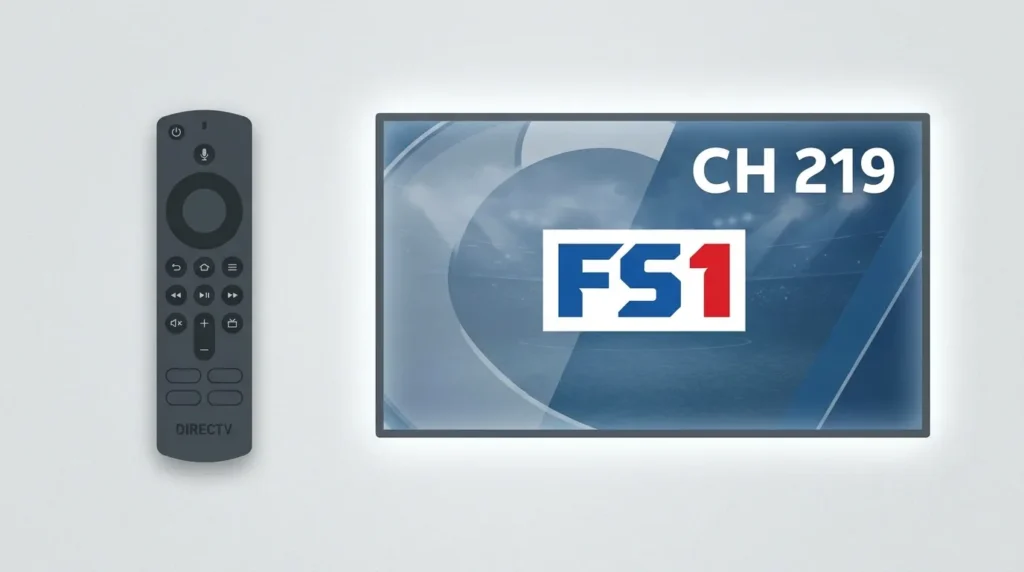 DirecTV remote with FS1 channel 219 displayed on screen