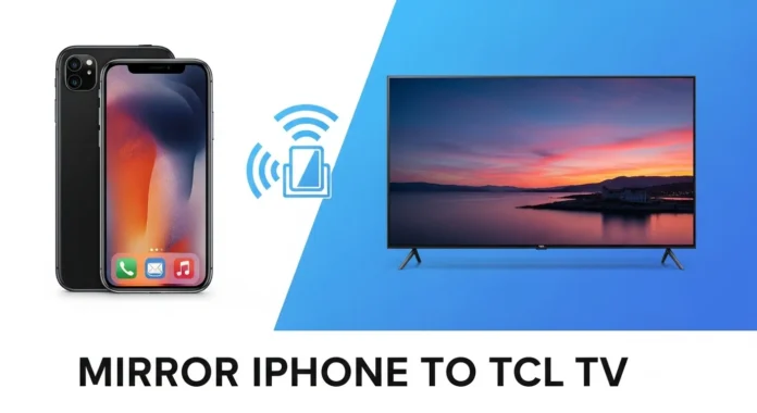 mirror-iphone-tcl-tv-thumbnail iPhone and TCL TV with mirroring icon for blog thumbnail.