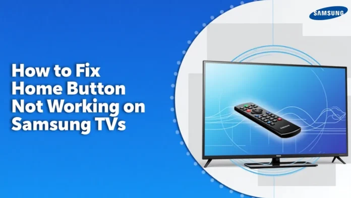 Samsung TV and remote with home button fix text.