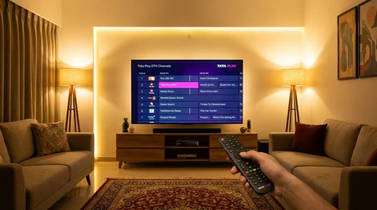 Tata Play channel list 2026 showing HD and SD channels on a smart TV screen