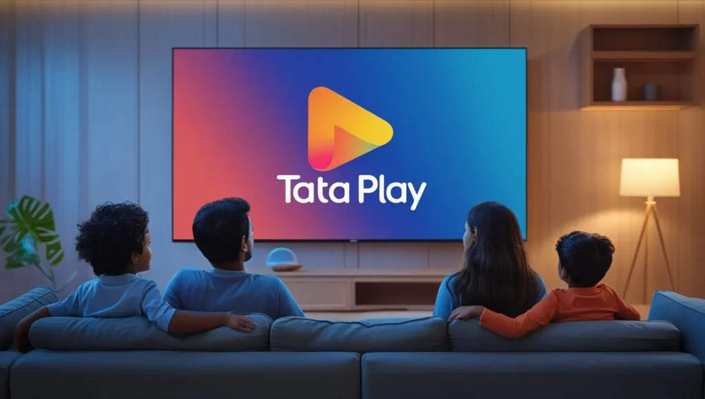 Family watching Tata Play on TV