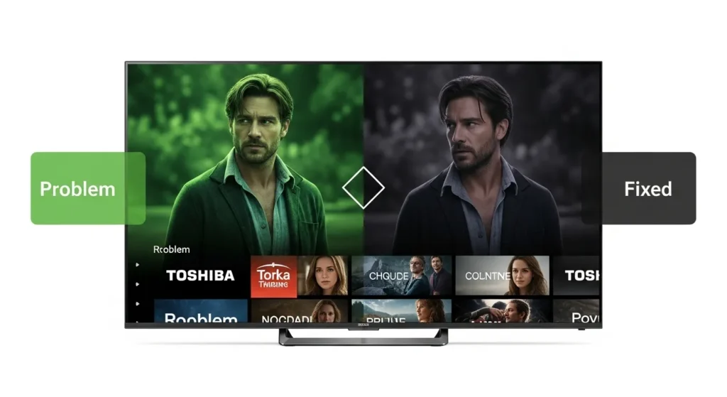 Toshiba TV with green sidebars compared to fixed black sidebars