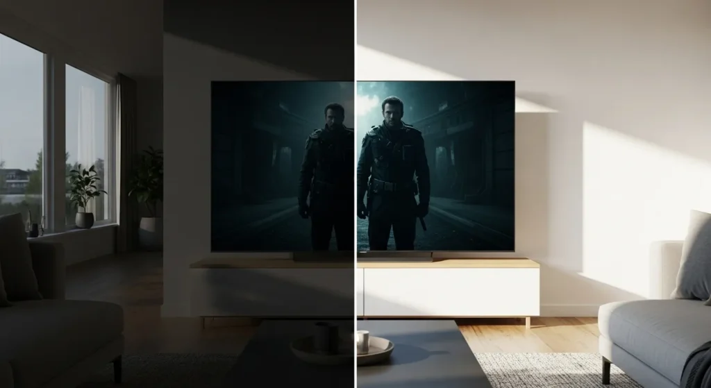 TV showing adjusted Filmmaker Mode in bright vs dark room.
