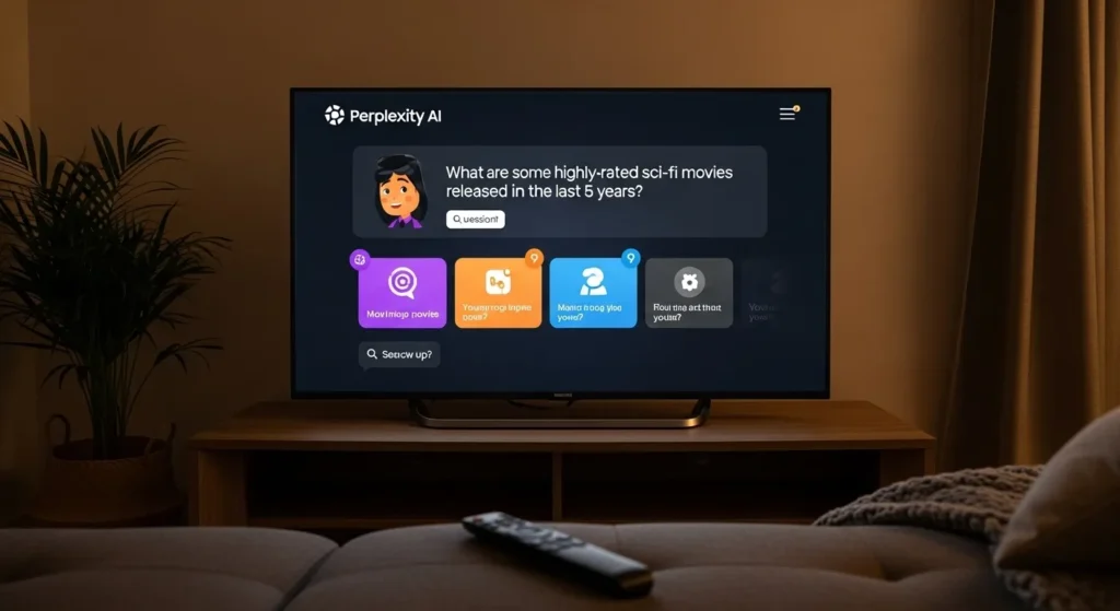 Samsung TV running Perplexity AI app with query results.