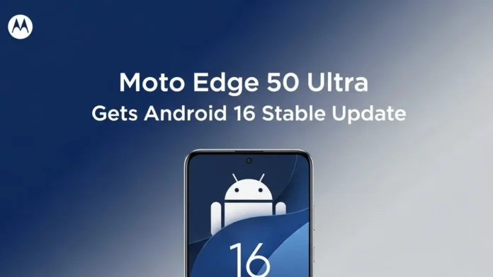 Motorola Edge 50 Ultra with Android 16 logo