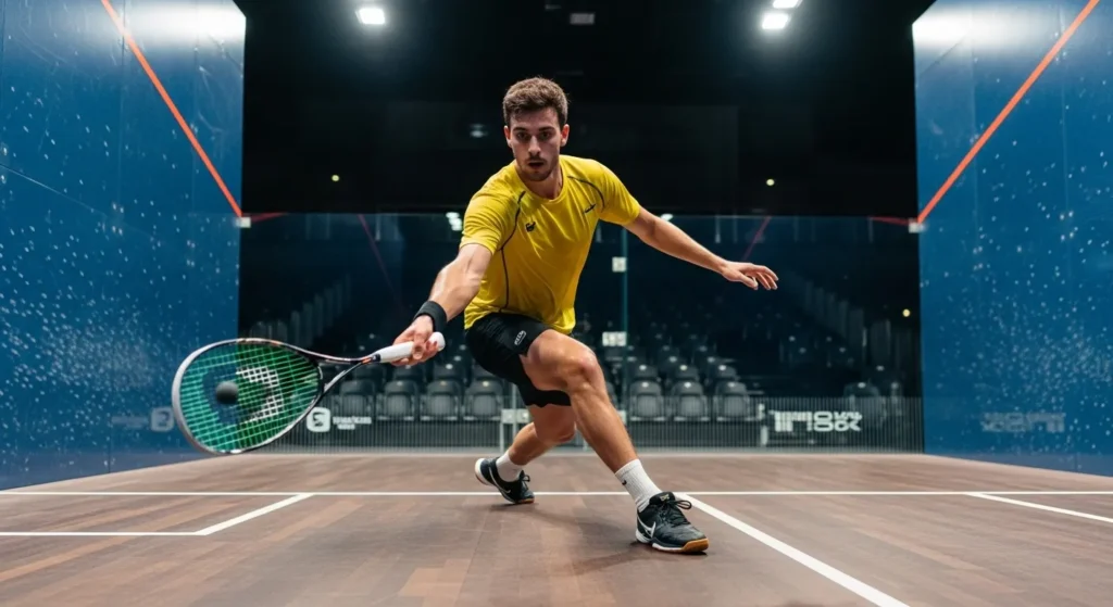 Squash player hitting ball on court.