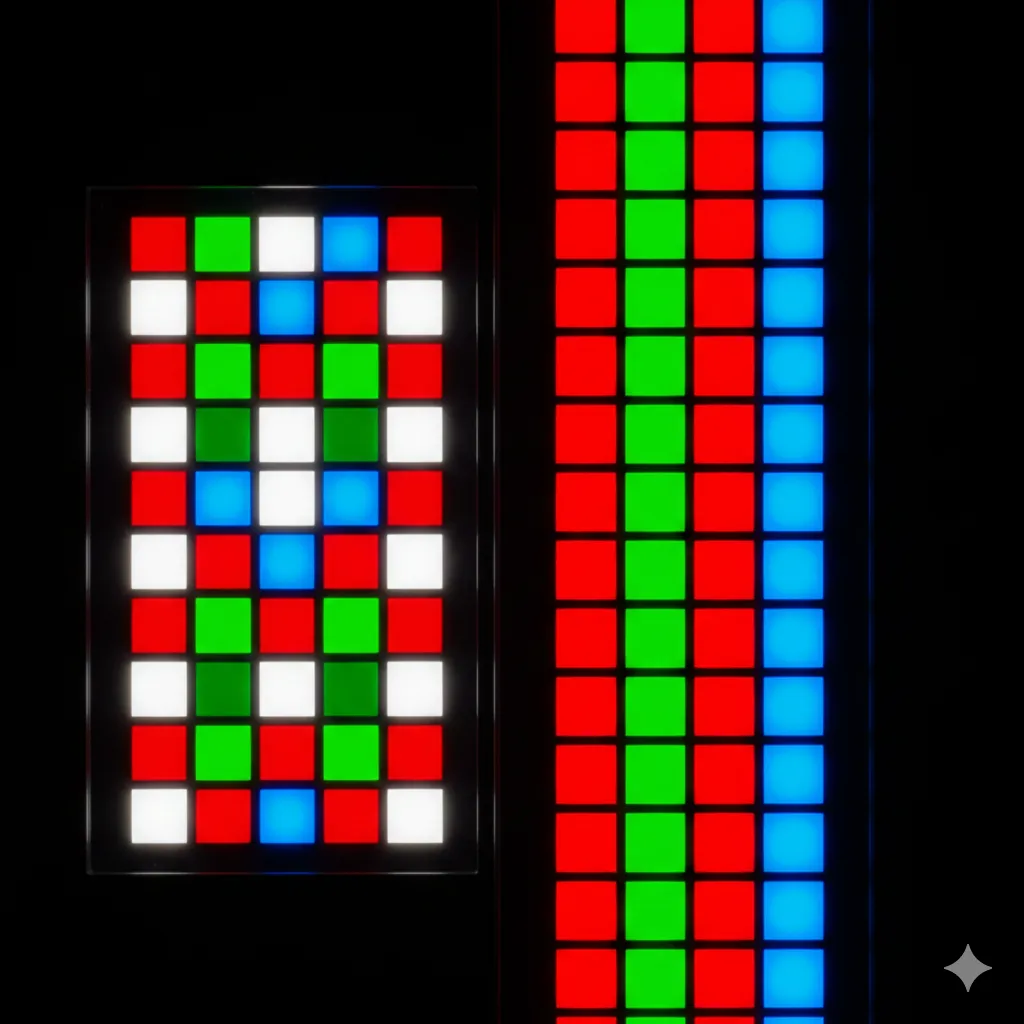 Macro shot of OLED subpixel layouts showing RGWB and RGB stripe arrangements