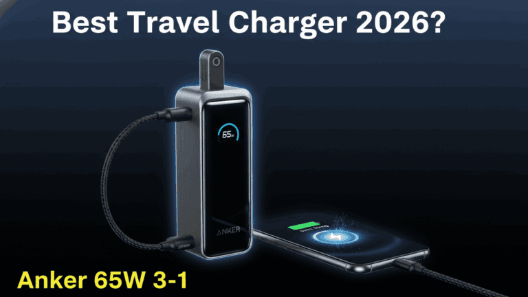 Anker Prime 65W 3-in-1 power bank with foldable plug and built-in cable charging a phone