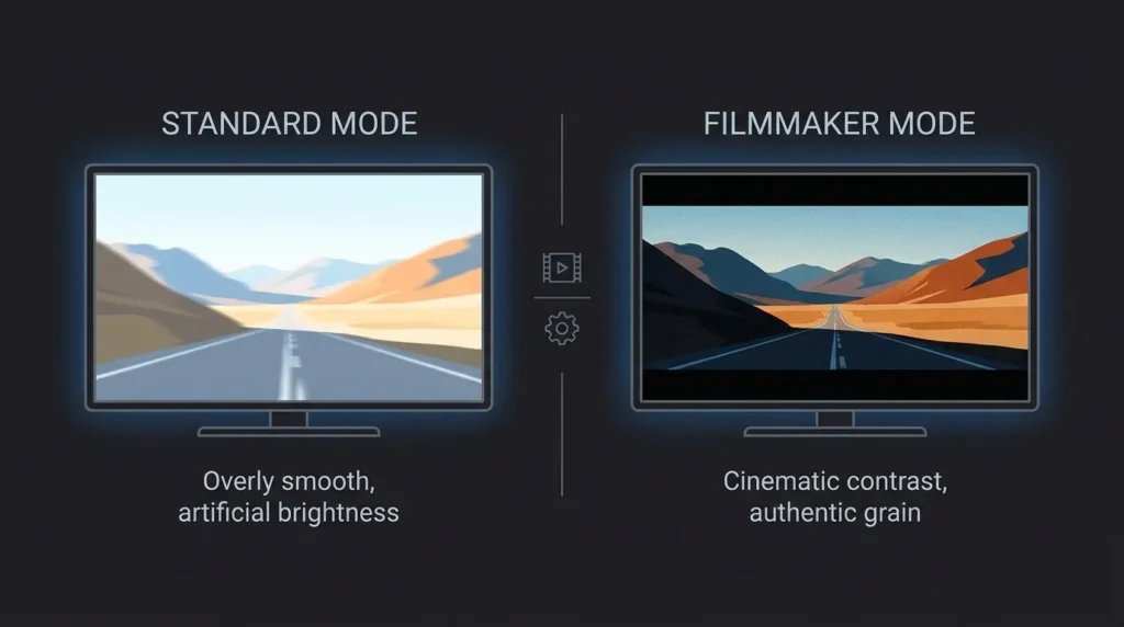 Side-by-side comparison of Standard Mode vs Filmmaker Mode on LG TV