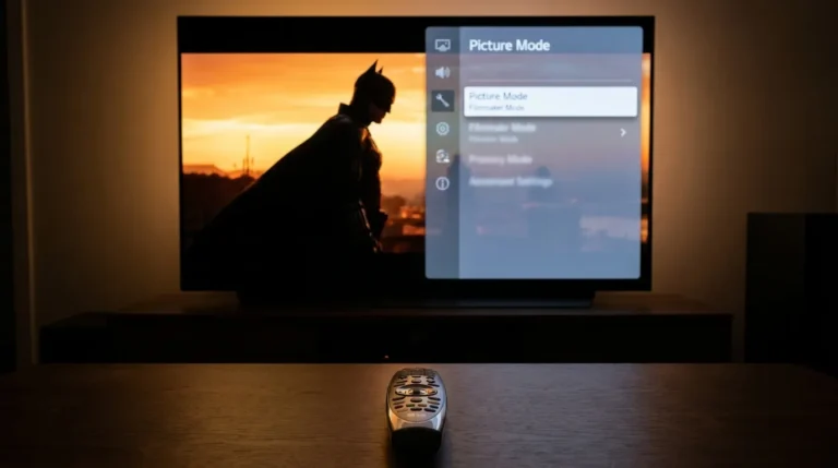 LG TV with Filmmaker Mode enabled showing cinematic picture settings menu on screen