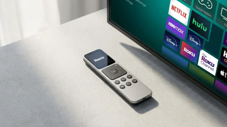 Universal remote control next to a Roku TV showing the Roku home screen interface.