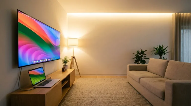 Laptop connected to LG TV via HDMI cable in a modern living room