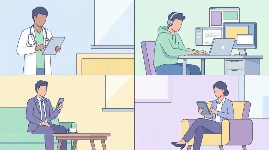Illustration showing expert contributors from different industries contributing to media platform