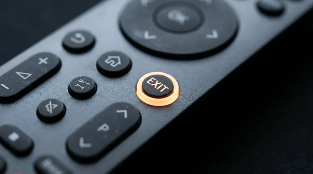 Hisense TV remote with EXIT button highlighted for factory reset method