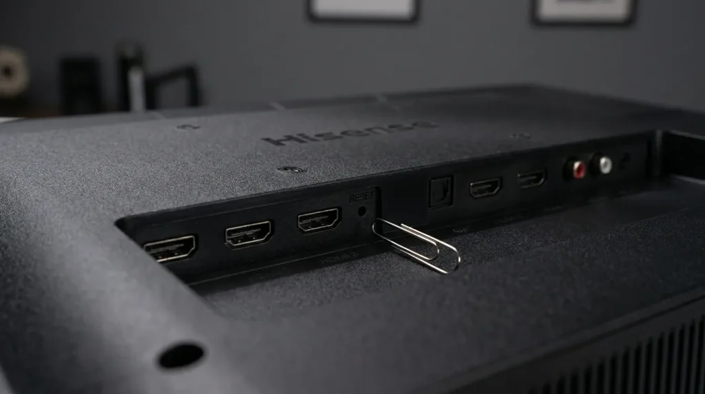 Hand inserting a paperclip into the pinhole reset button on the back of a Hisense TV