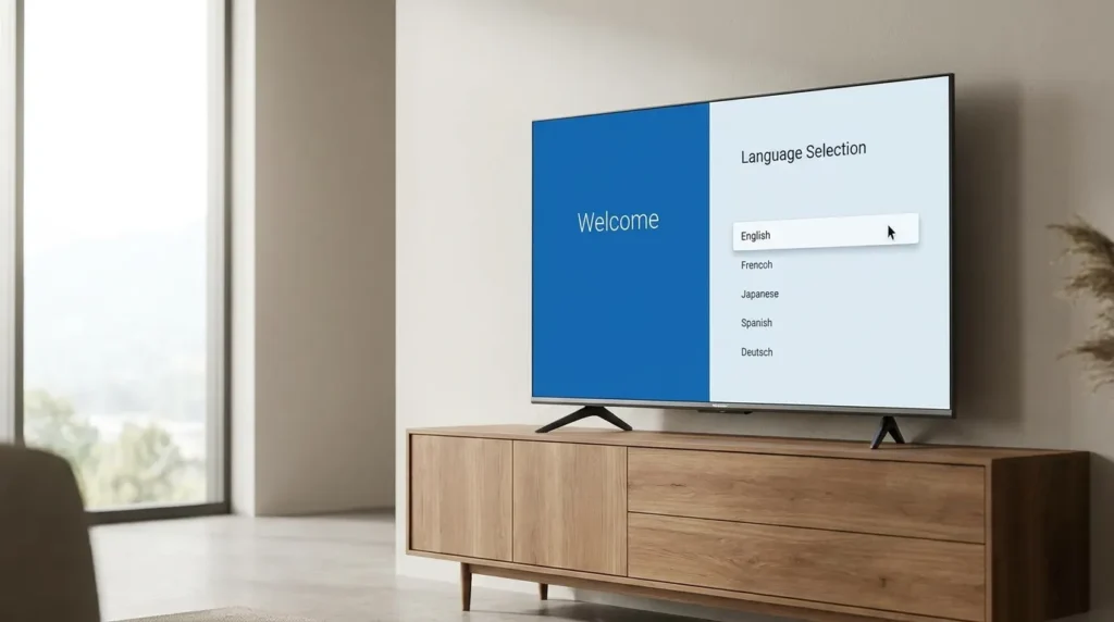 Hisense TV displaying the initial welcome setup wizard screen after factory reset