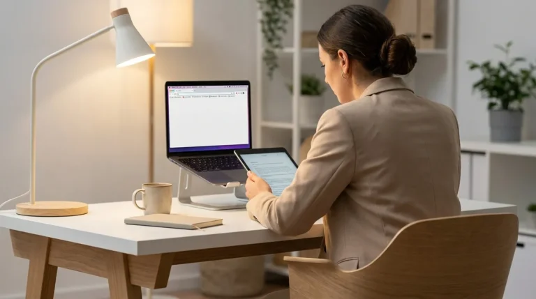 Business professional reading industry-specific media content on tablet at modern desk