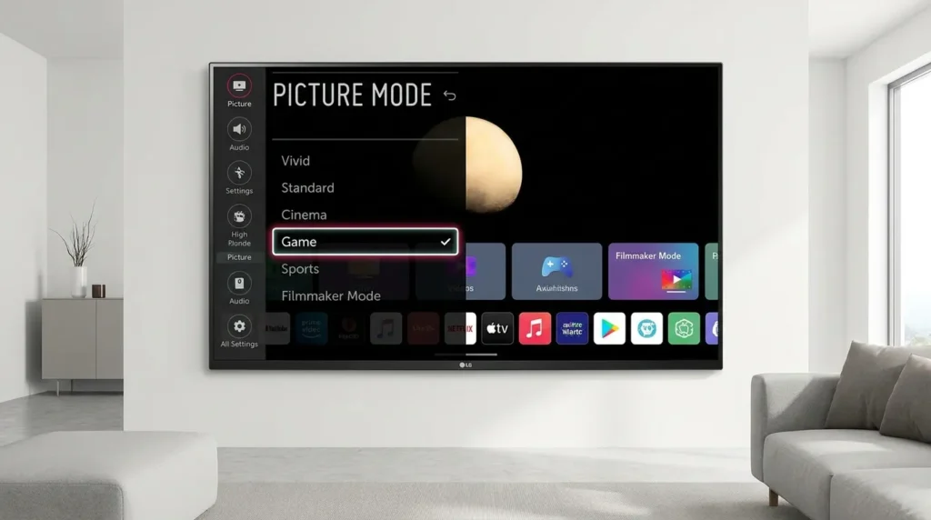LG TV webOS picture mode settings showing Game Mode selected