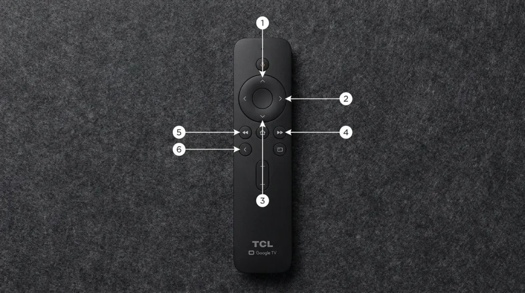 TCL Google TV remote with button sequence highlighted for service menu access