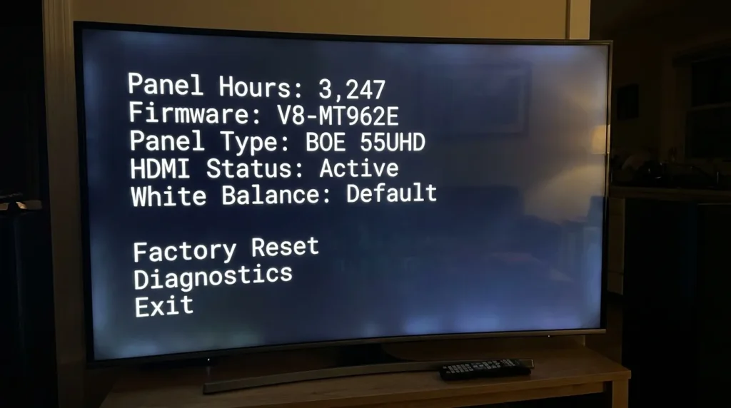 TCL TV service menu screen showing panel diagnostic information including panel hours and firmware version