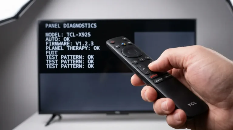 TCL TV remote control with hidden service menu visible on TCL TV screen in background