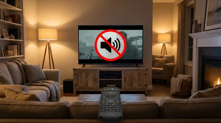 Vizio TV with no sound symbol on screen and remote control in foreground