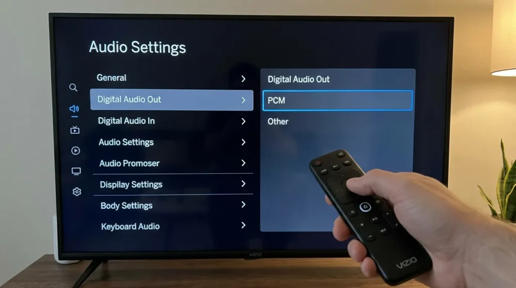 Vizio TV audio settings menu with PCM option selected
