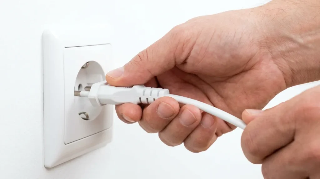 Person unplugging Vizio TV power cord from wall outlet